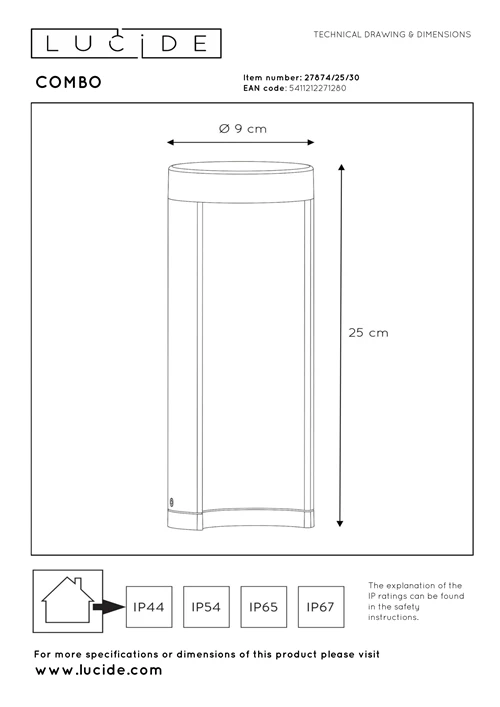 Lucide COMBO - Sokkellamp - Ø 9 cm - LED - 1x9W 3000K - IP54 - Zwart - technisch